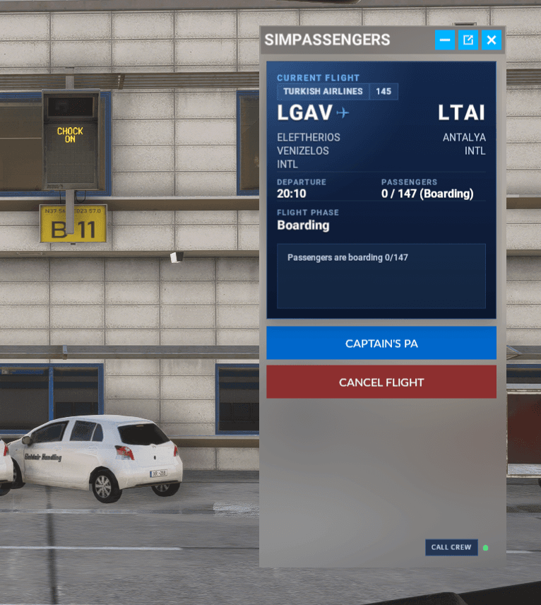 SimPassengers boarding panel shown in the cockpit at the gate.