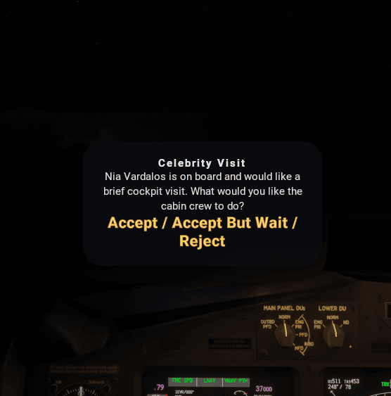 Celebrity visit event shown as a cockpit overlay.
