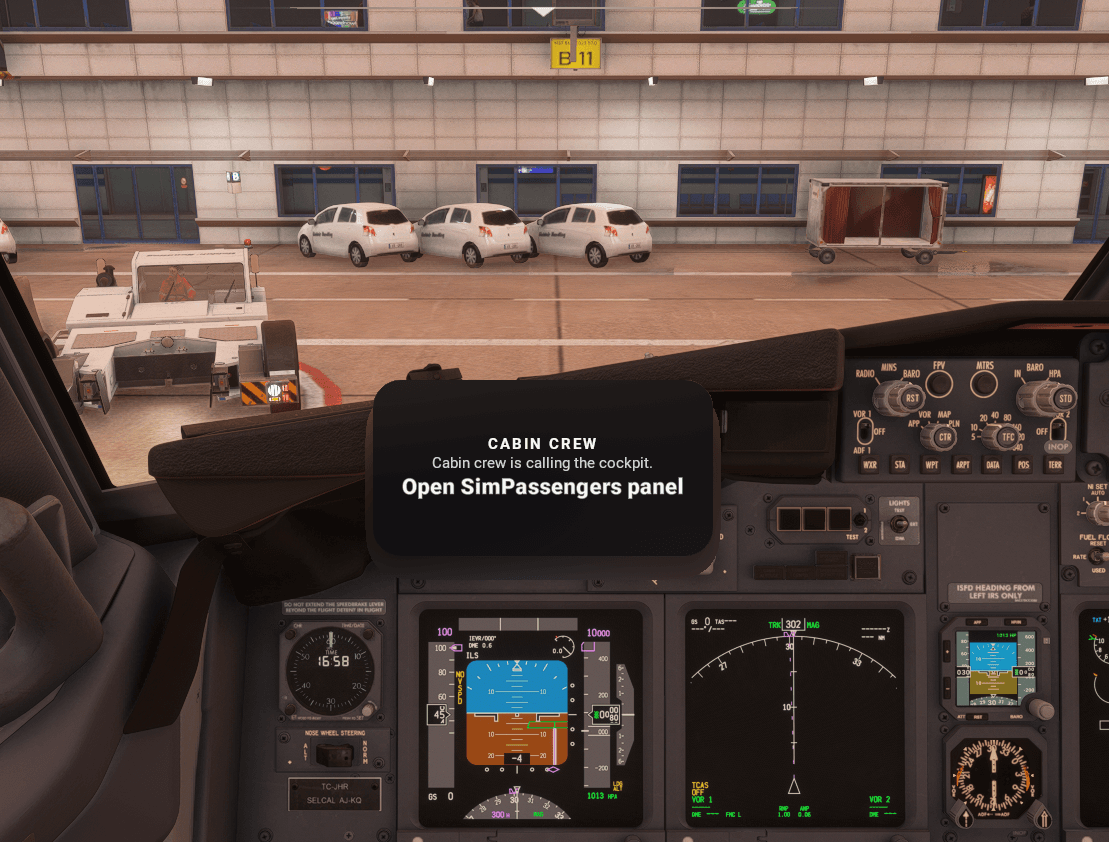 Cabin crew HUD overlay calling the cockpit during flight.