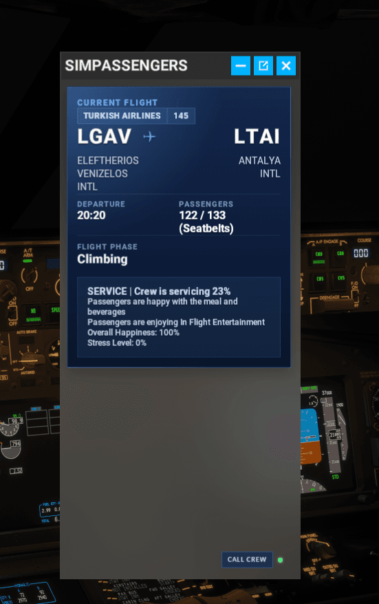 SimPassengers panel showing service progress during climb.